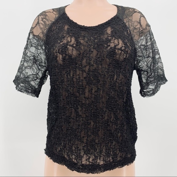 Raquel Allegra Black/Gray Sheer Lace Raglan Top XS - Picture 1 of 12
